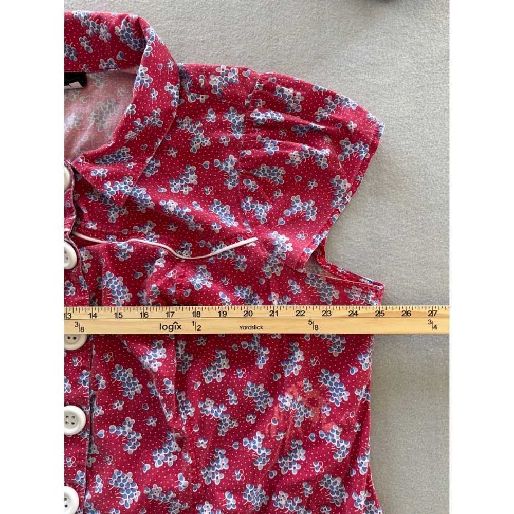Vintage Red Floral Button Front House Dress / Day Dress with White Piping - Picture 6 of 8